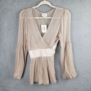 ECI Wrap Blouse Champagne 10 Balloon Sleeve Metallic Shimmer Cocktail
